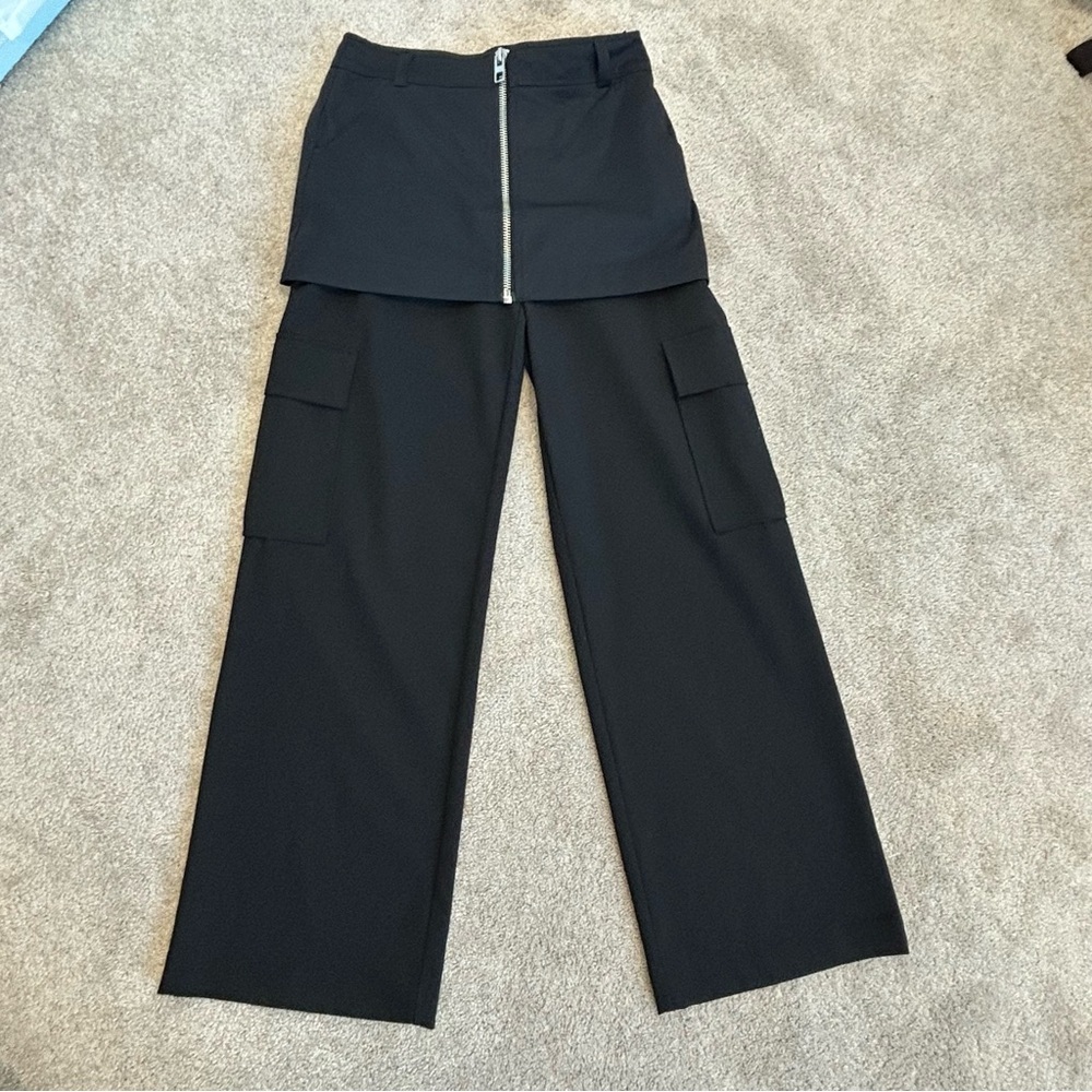 Zara black mini skirt over trouser pants zipper front Sz XS NWOT new without tag - Picture 2 of 11